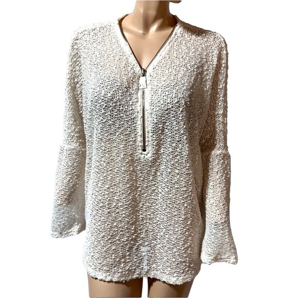 Alfani Tops - Alfani Top Women’s Size L Large Cream Gold Open Knit Quarter Zip Popover NWT